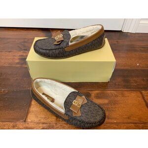 Michael Kors Erica Brown Leather Shearling Lined Logo Flats Slippers, Size 8